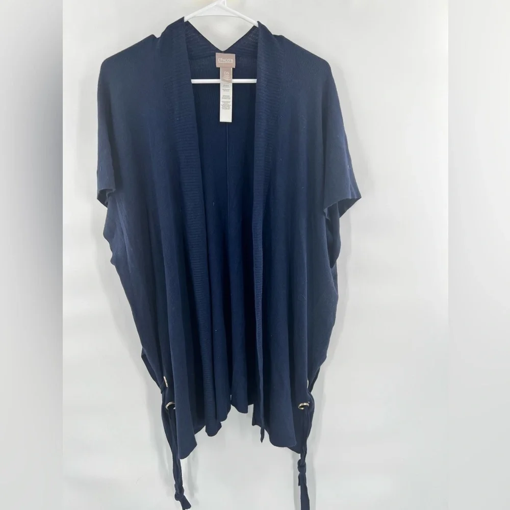 Chico’s navy blue open front knit kimono lace up sides one size